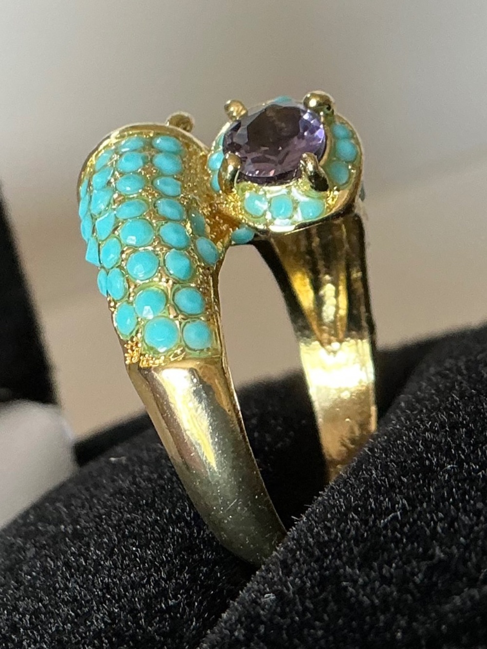 Sterling Silver Bypass Ring Gold Tone Amethyst Turquoise Pavé Style 925 - Picture 6 of 16